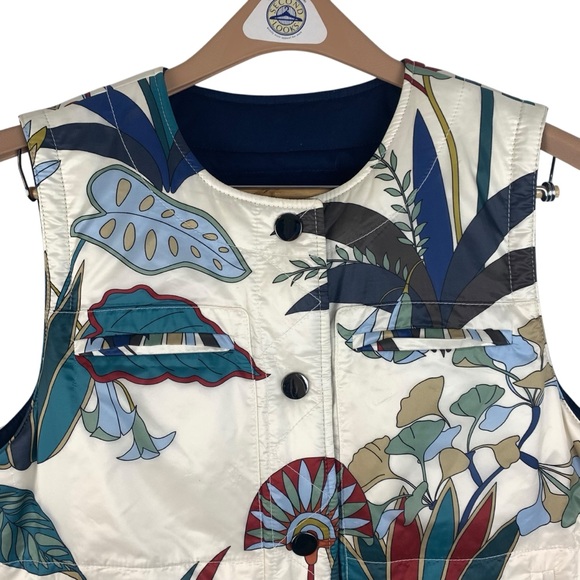 Tory Burch Piper Puffer Vest Floral Navy Reversible Quilted Down Filled Size 12 - Picture 2 of 15